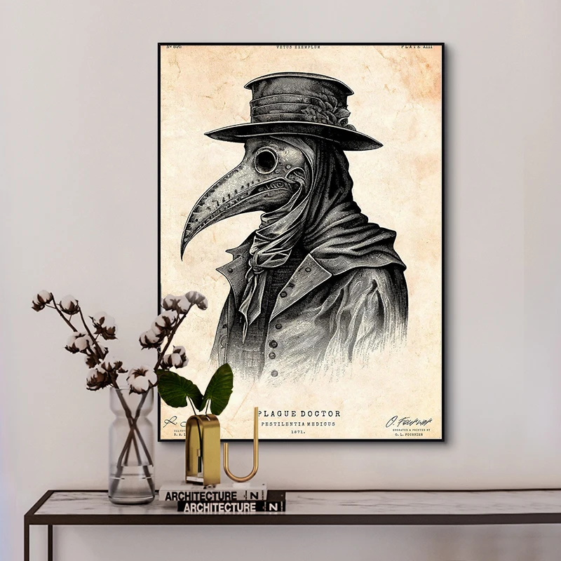 Vintage Dark Academia Plague Doctor Mask Character Posters Retro Figures Canvas Painting Wall Art Picture for Room Home Decor