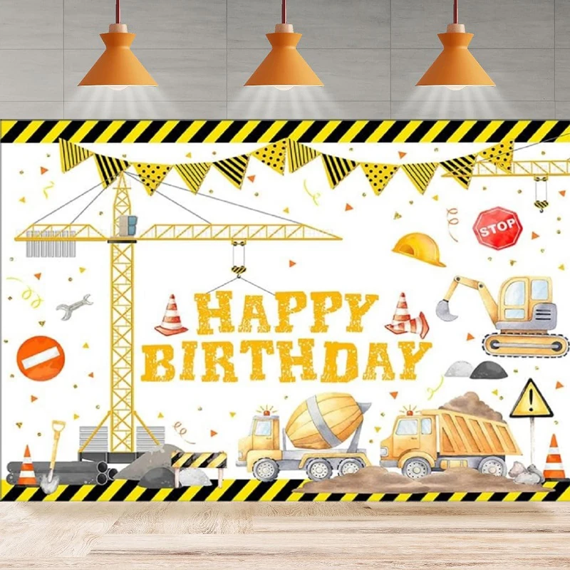 Construction Theme Photography Backdrop Excavator Crane Truck Poster Background Birthday Home Party Backdrop Wall Banner Decor