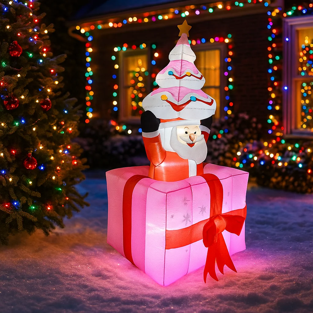 1.8M/5.9FT Inflatable Santa Claus with Christmas Tree Gift Box LED Lights Home Decorations Toys Yard Xmas Supplies Holiday Decor
