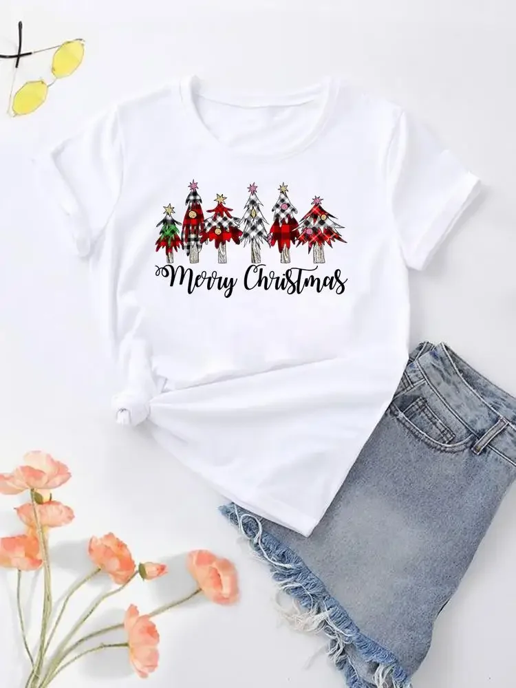 Women Shirt Tee Christmas Clothing Lady New Year Star Tree Trend Short Sleeve Print Fashion Top Clothes Graphic T-shirt