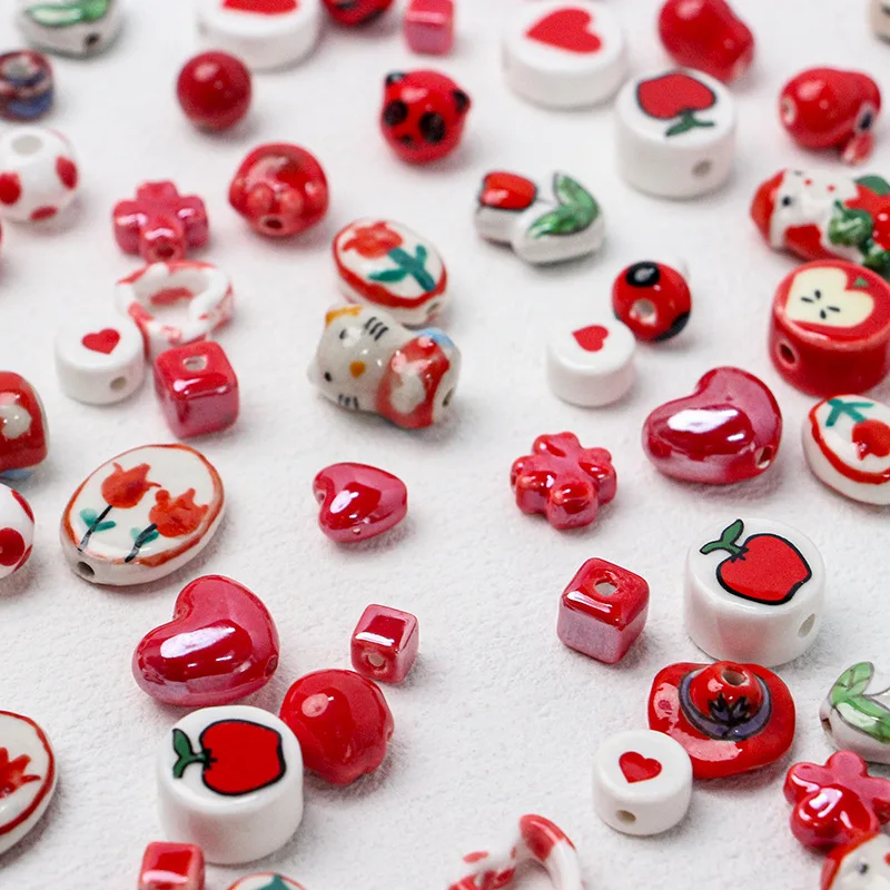 5-10pcs Pack Painted Red Ceramic Bead Handmade Multiple Pattern Spacer Bead for Jewelry Making DIY Christmas Accessories