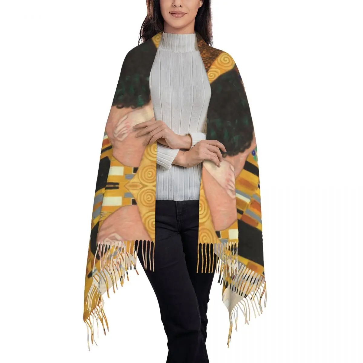 The Kiss By Gustav Klimt Scarf Women Luxury Winter Wrap Shawl Painting Art Tassel Wraps