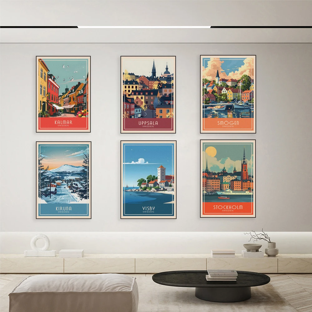 Gothenburg, Uppsala, Falsterbo, Jokkmokk, Kalmar, Kiruna, Malmö, Øregran, Stockholm, Smogen, Visby city travel poster in Sweden