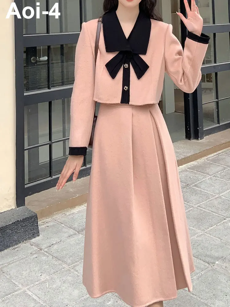 French Fashion Pink Woolen Suit Women's 2023 Autumn Winter Bow Single-Breasted Long-Seeved Short Coat+Long Skirt Two-Piece Set