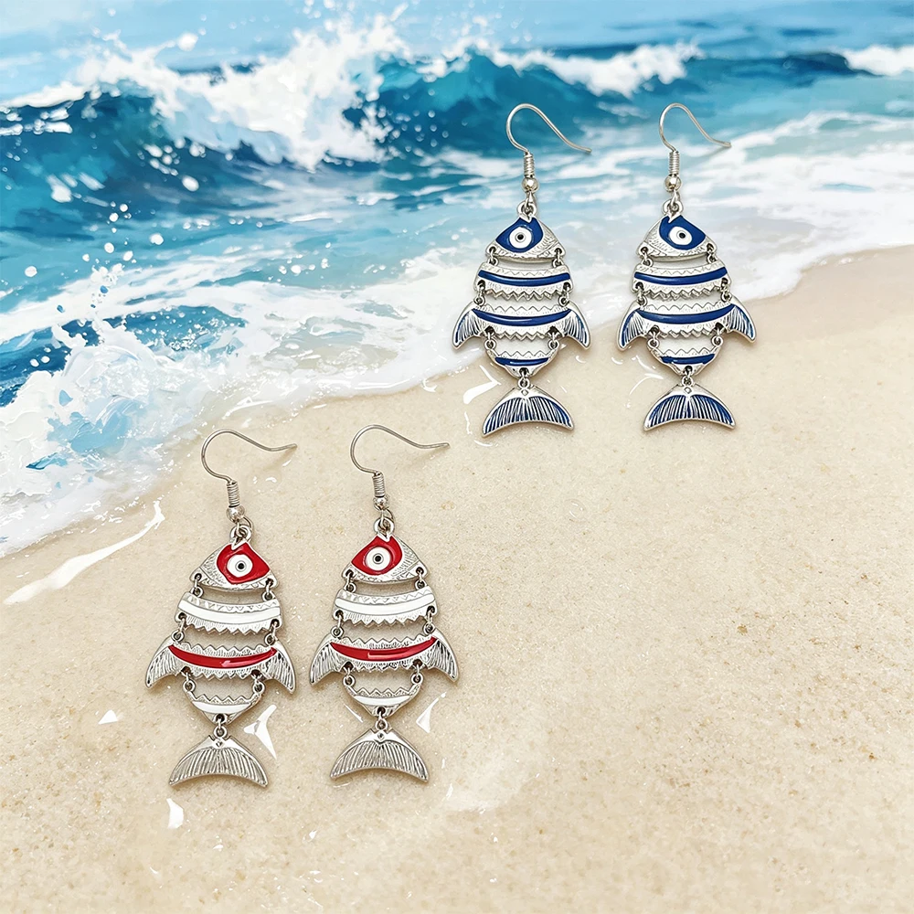 Movable Interlocking Fish-Shaped Earrings, Ethnic Style Colorful Enamel Fish-Shaped Ear Jewelry, Summer Seaside Vacation Earrings for Women