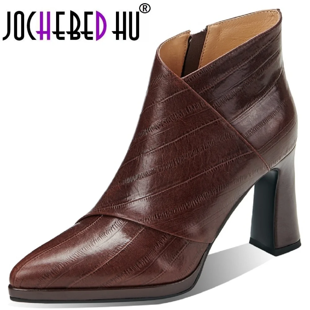

【JOCHEBED HU】Women Handmade Genuine Leather Soft and comfortable Western Boots Pointed Toe Chunky Heel Retro Ankle Boots 34-40