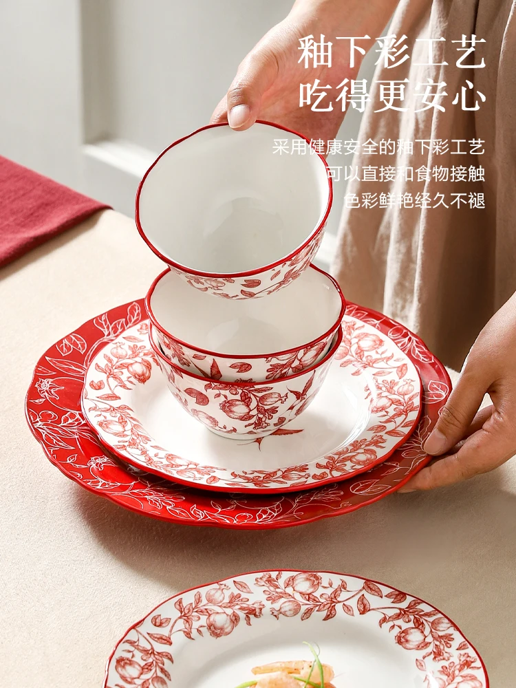 Chinese High-end Red Tableware Bowls and Plates Household Ceramic Bowls and Plates Gift Restaurant Kitchen Tableware Set