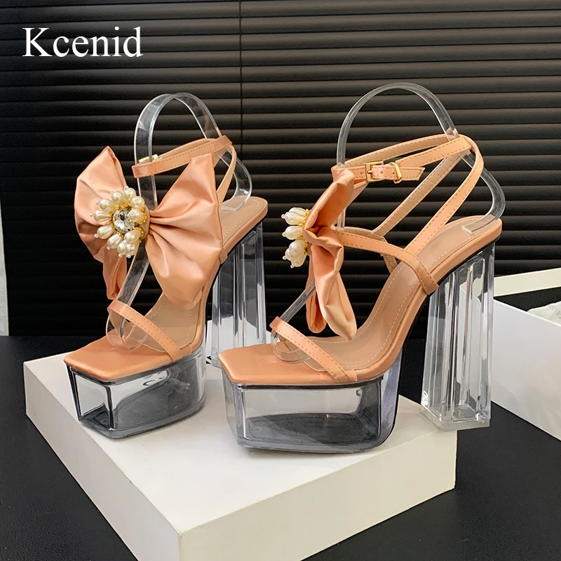 

Kcenid Fashion Satin Butterfly Knot Transparen Platform Sandals Women High Heels Narrow Band Ankle Strap Sandals Wedding Shoes