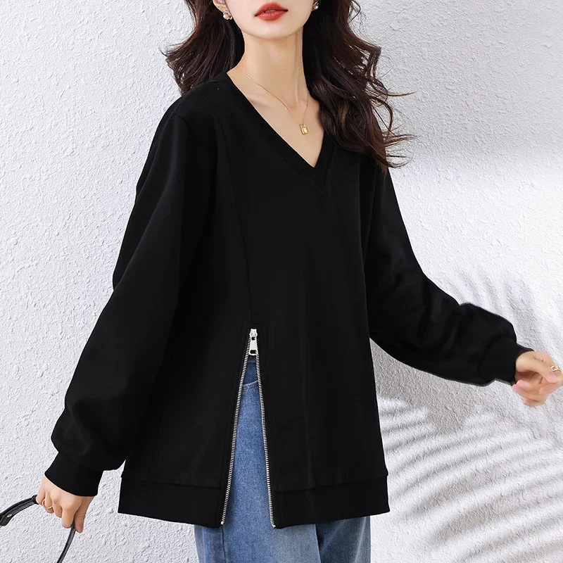

New Spring Autumn Zip Loose Hoodies Women's Clothing Korean Round Neck Long Sleeve Large Size Sweatshirt Pullover Casual T-Shirt