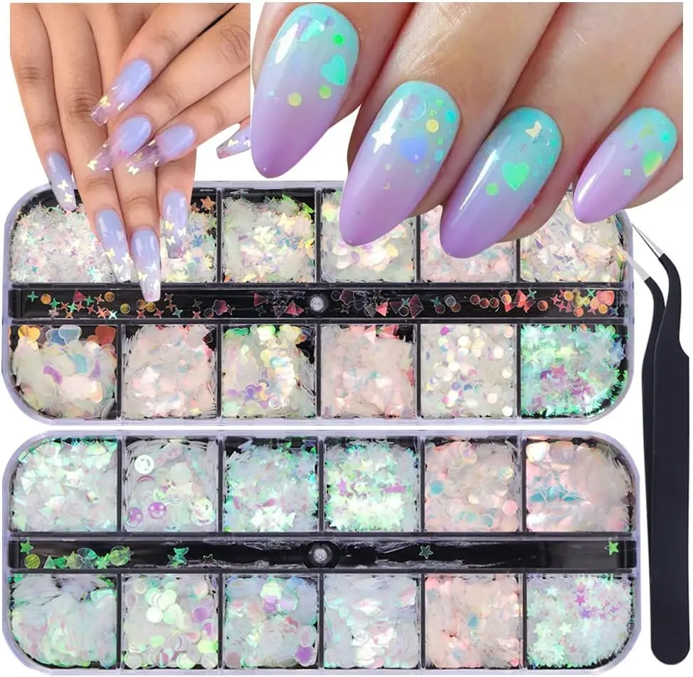 

24 Grids Holographic Nail Sequins with Tweezers, Iridescent Mermaid Flakes for Nail Art, Face, Body, Eyes DIY Decoration