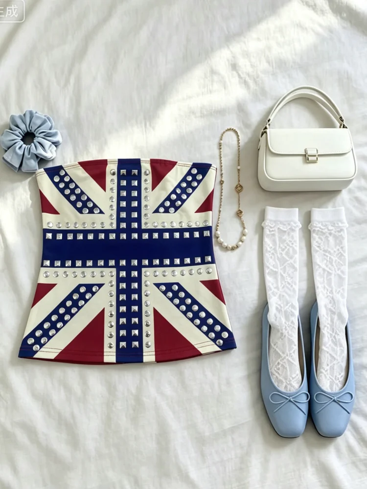 Grunge Style UK Flag Print Tube Top Women With Studded Design For Summer Casual Daily Wear