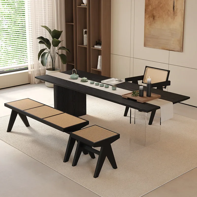 Wabi Stillwind carbonized wood  Office tea table Balcony Solid wood large board Zen new Chinese tea table and chair combination