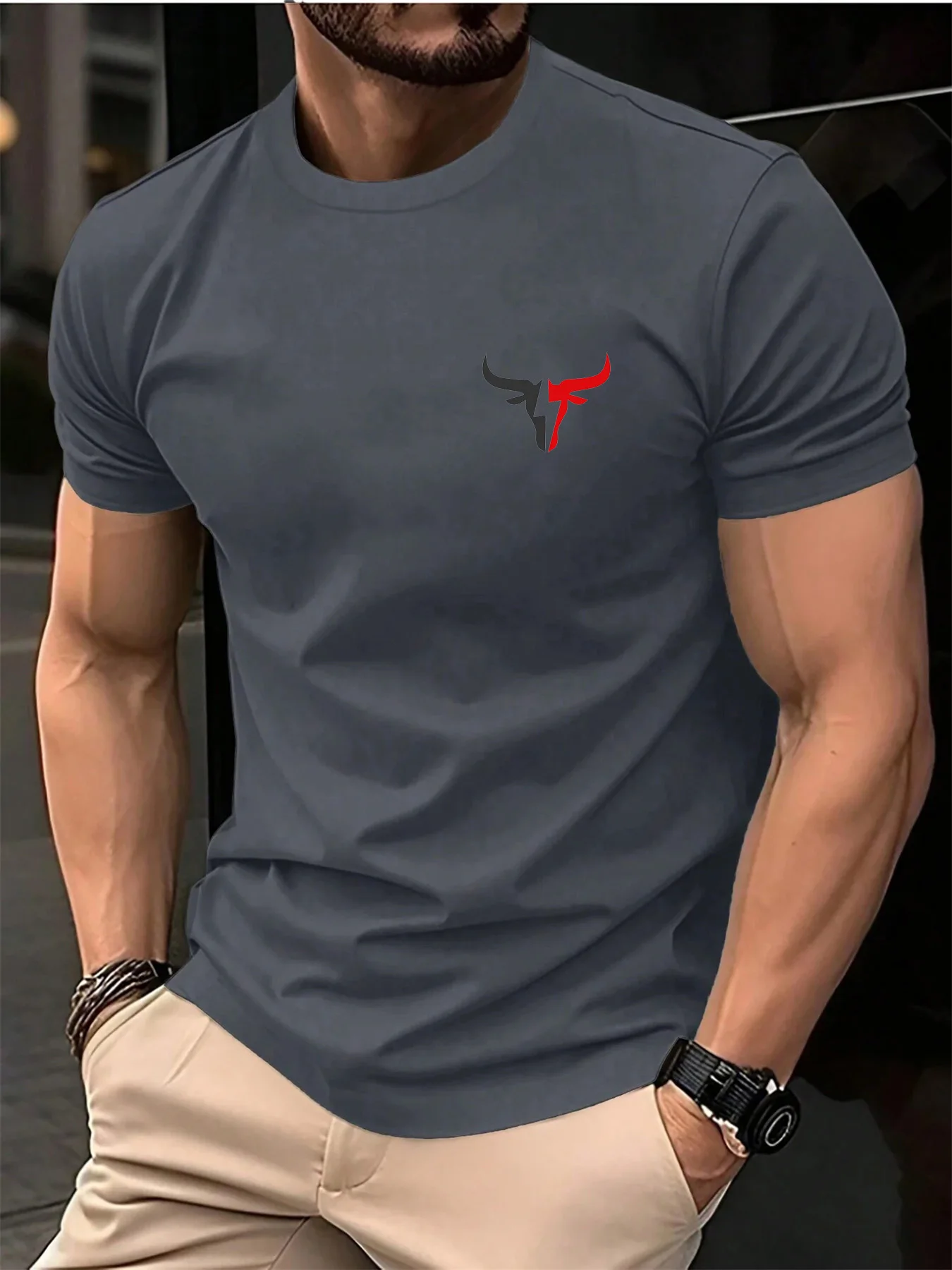 Summer men's 100 cotton casual loose plus size bull pattern printed sports comfortable round neck short sleeved T-shirt top image 5