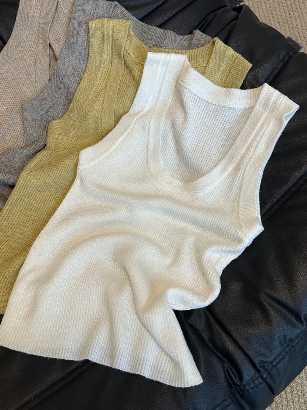 Solid Threaded Knitted Tank Top Summer Women's Sleeveless Tops Fashion U Collar Slimming Vest Korean Style Women’s Clothing