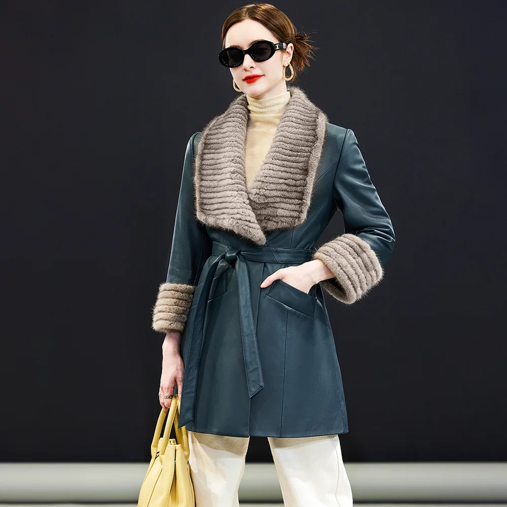 AYUNSUE luxe véritable peau de mouton en cuir véritable veste femmes vison col de fourrure vêtements d'hiver chaud vers le bas manteau femmes manteaux 2025
