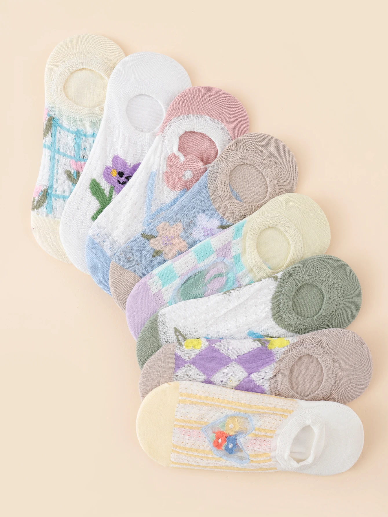 1/5/10/15/20 Pairs Random Women Solid Comfortable Breathable Casual Invisible Socks Flower Stripe Mesh Letter Fruit Pattern