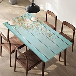 Board Wooden Rectangle Fitted Table Cover Elastic Edged Sea Ocean Seashells Starfish Nautical Waterproof Table Cloth for Dinning
