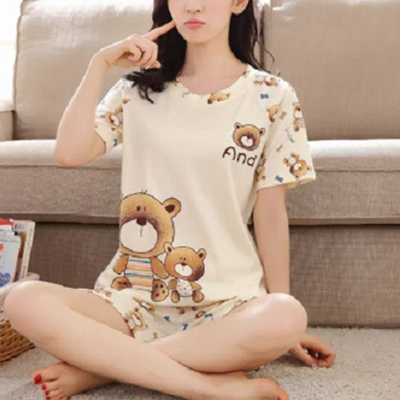 

2Pcs/set Women's Summer Pajamas Short Sleeve O Neck Top Shorts Young Girls Homewear Loose Thin Soft Elastic Student Pajamas