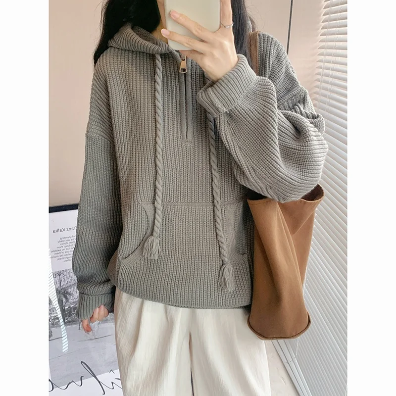 

Мягкий уютный вязаный свитер с капюшоном на молнии для женщин, осенний модный дизайн, маленький размер, AAMY Laid-ba, для повседневной носки, ветрозащитный