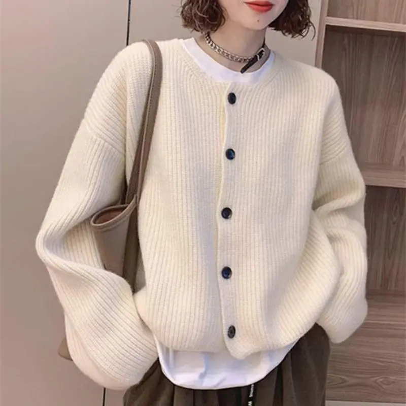 Women Trendy Simple Chic Single Breasted Knitted Cardigan 2024 Spring Autumn Casual Street O Neck Long Sleeve Loose Sweater Coat