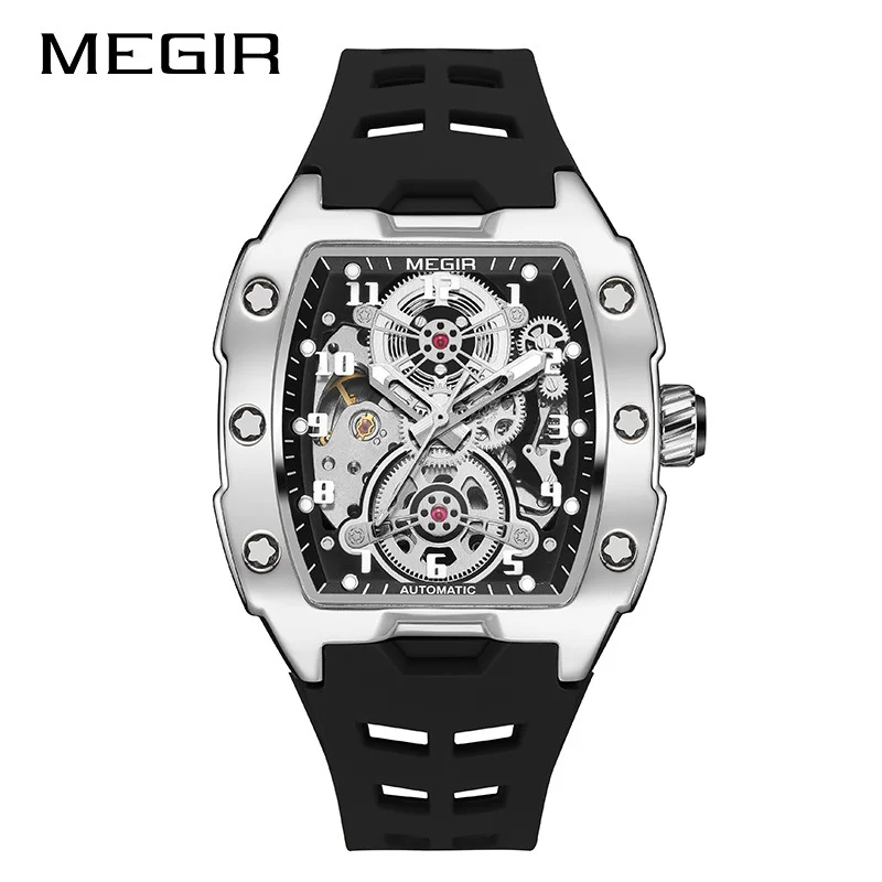 Good Gift MEGIR 8602 Sport Automatic Watch Waterproof White Silicone Strap Mechanical Wristwatch with Tonneau Hollowed-out Dial