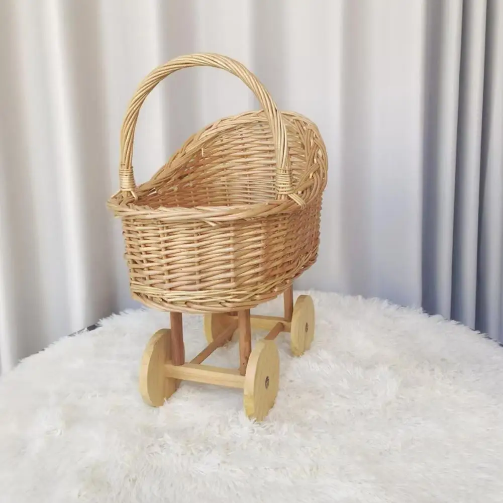 Lightweight Candy Basket Holiday Celebration Decor Rustic Rattan Stroller Flower Basket with Wheels for Weddings Baby Showers
