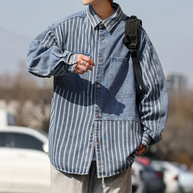 Manteau de Cowboy à rayures pour hommes, vêtements à livraison rapide, Cowgirl à bord du tissu, vestes en Denim amples élastiques de styliste Rock pour hommes