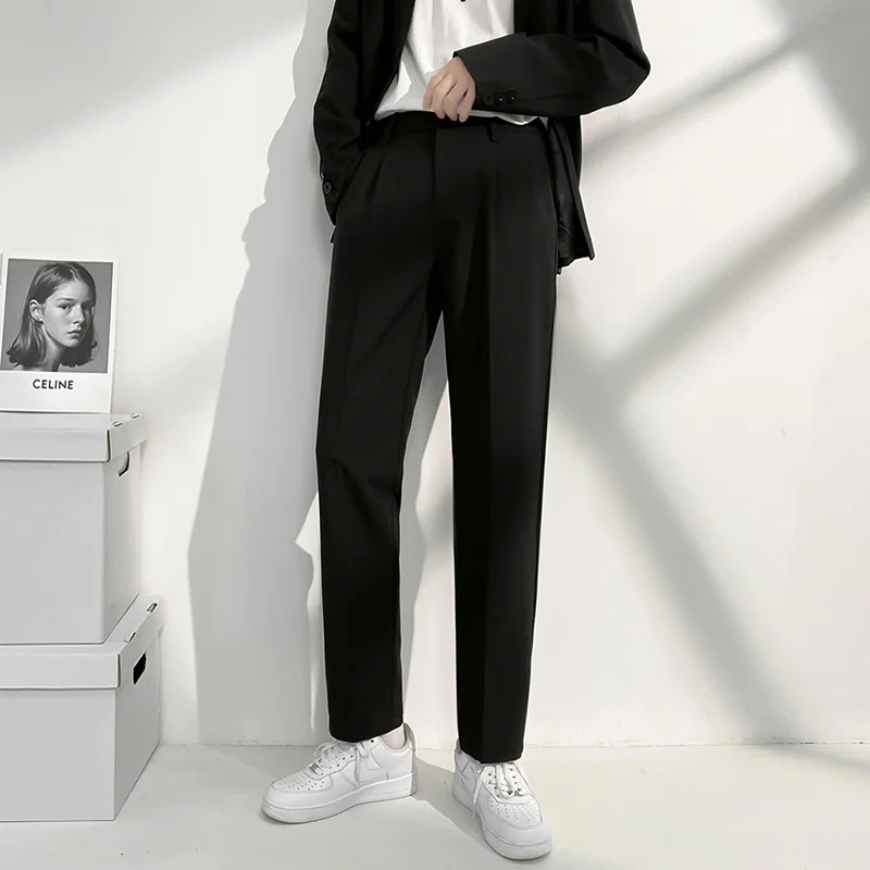 

Мужские брюки Bla Ice Silk: Свободный крой, корейский стиль, повседневные, осенние, модные, однотонные, из полиэстера