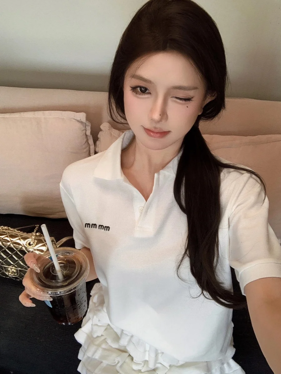 

Ele ort Sve irt Women's Summer Unique Exquisite Embroidered Letter Stitched Turn Collar Top Commute Sle Cot...