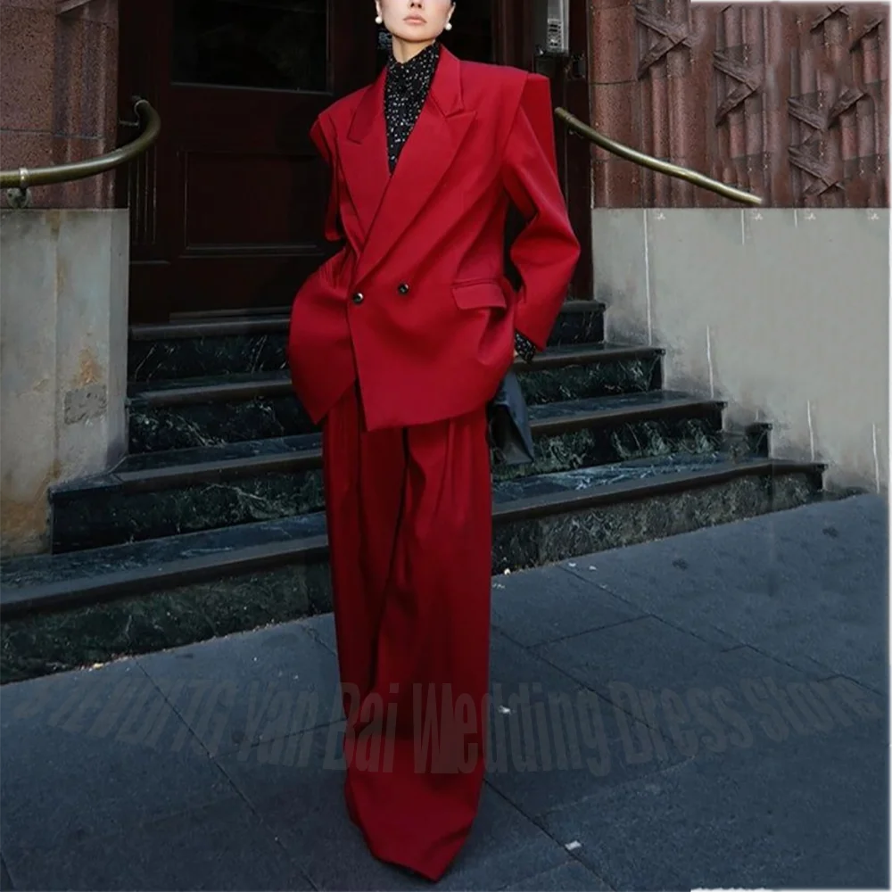Solid Color Women Suit Smart Casual Peaked Lapel Loose Outfit Double Button High Street Party Wedding Set Two Piece Jacket Pants