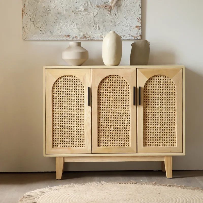 Solid wood, rattan dining side cabinet, household, living room, log, storage cabinet, modern, simple, entry, entrance cabinet