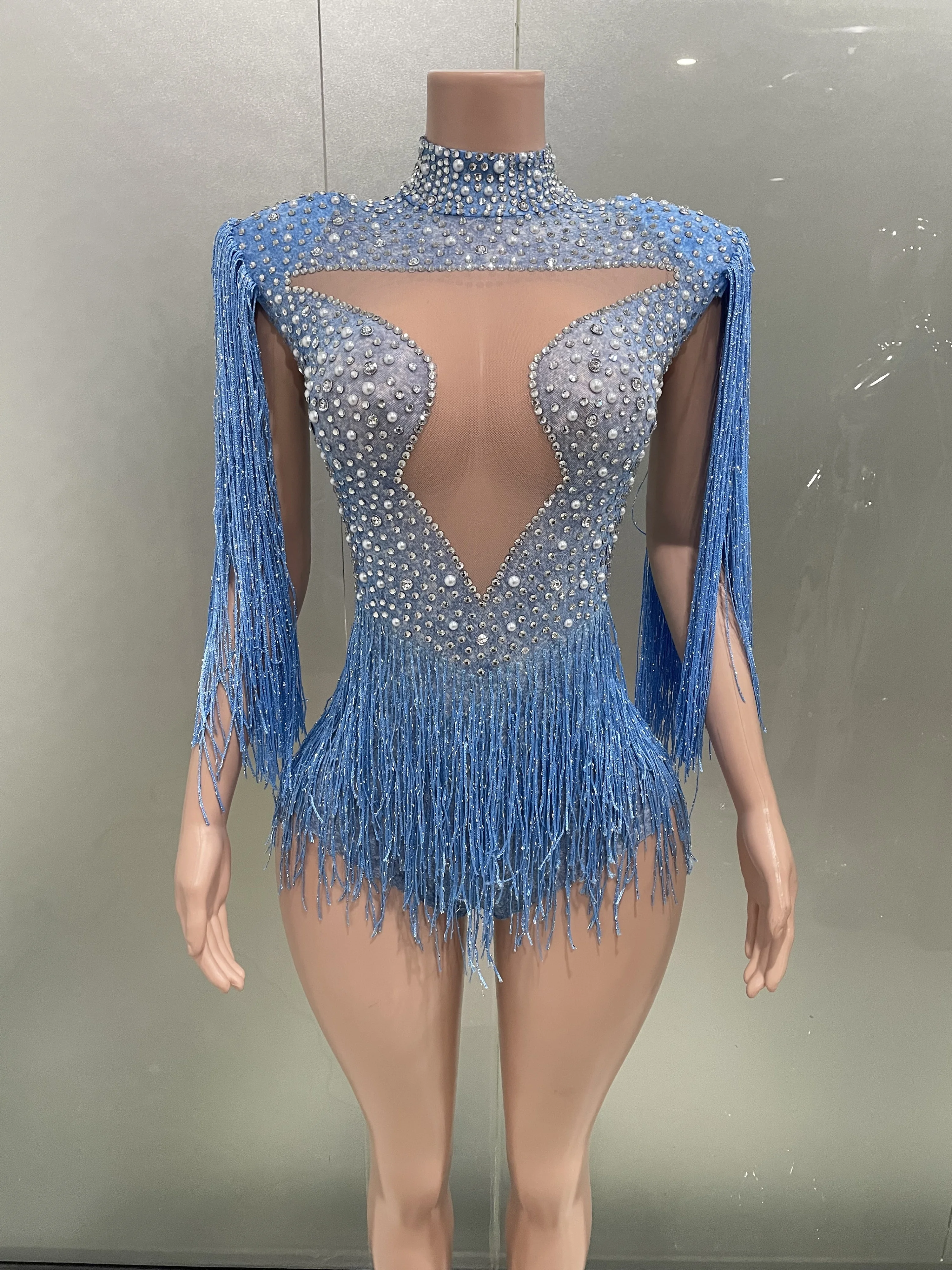 Sexy Sparkly Rhinestones Tassels Mesh See Through Bodysuit Women Nightclub Dance Costumes DJ Show Stage Wear Party Singer Outfit