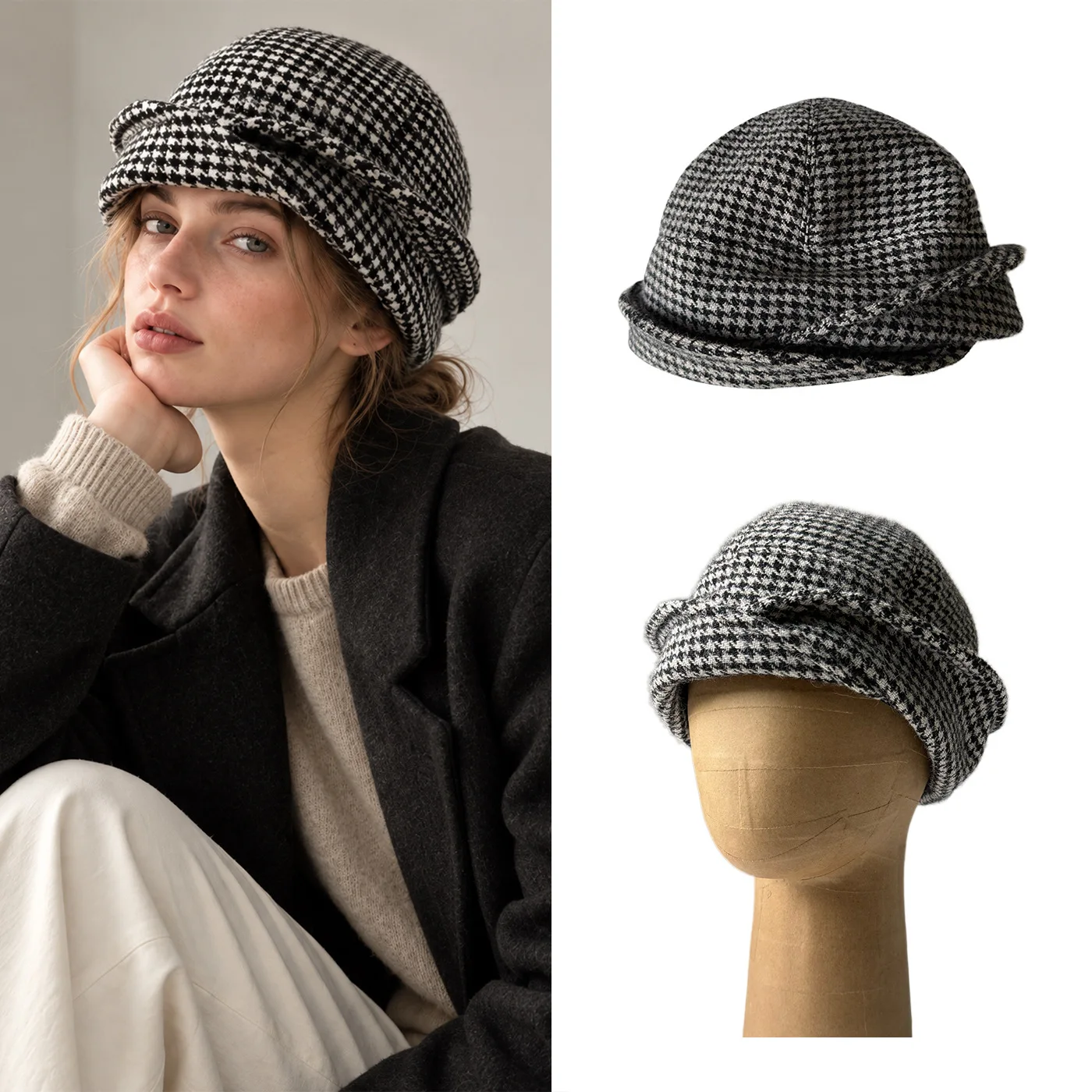 Japanese Style Plaid Boater Hat Women Retro Turn-up Brim Newsboy Cap Relaxed Fit Slimming Face Street Wear