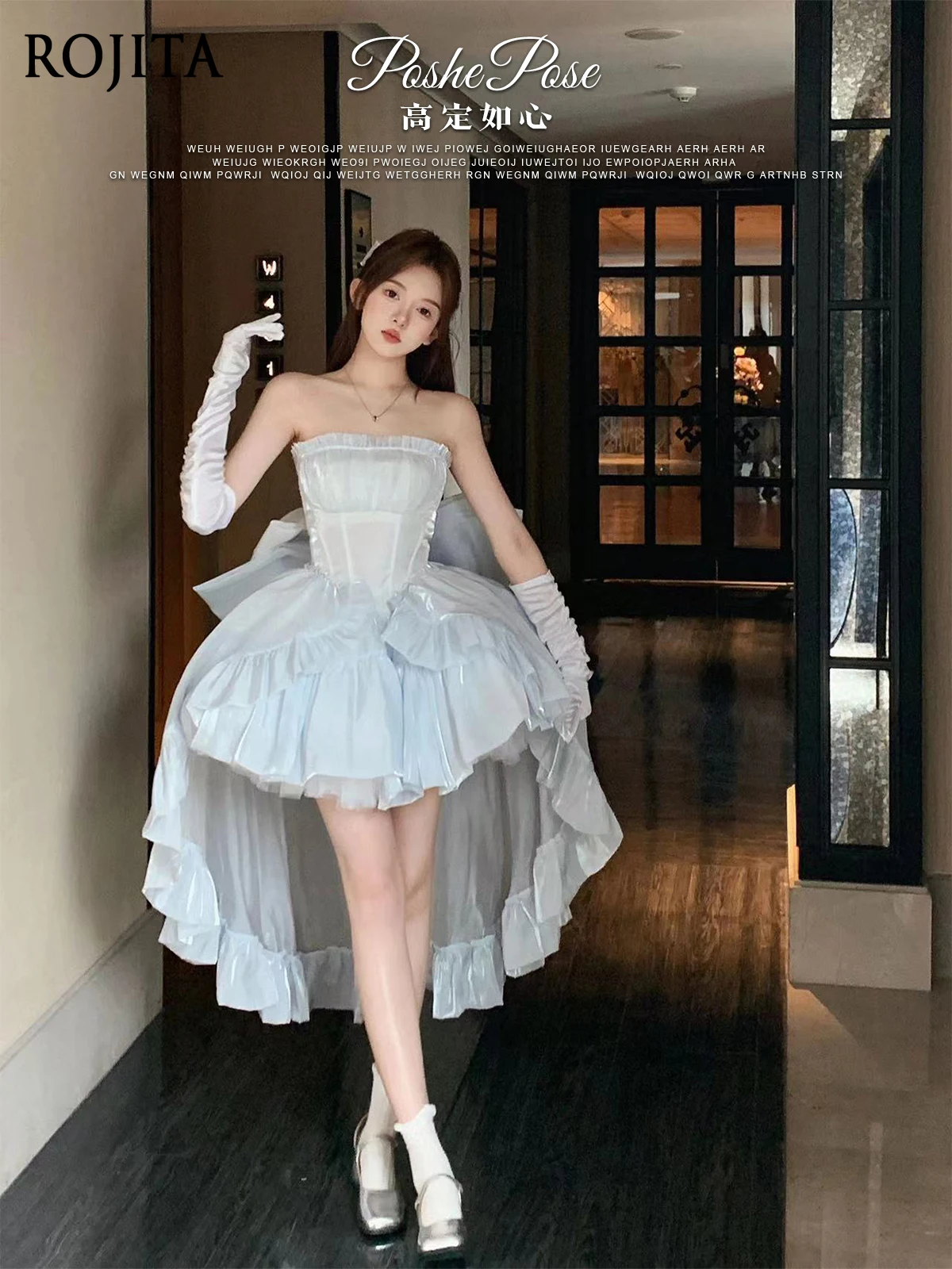 فستان قصير مثير مكشوف الكتفين للنساء فستان أميرة لوليتا لامع عصري مع فيونكة كبيرة الحجم + ذيل + رقبة رسن #3