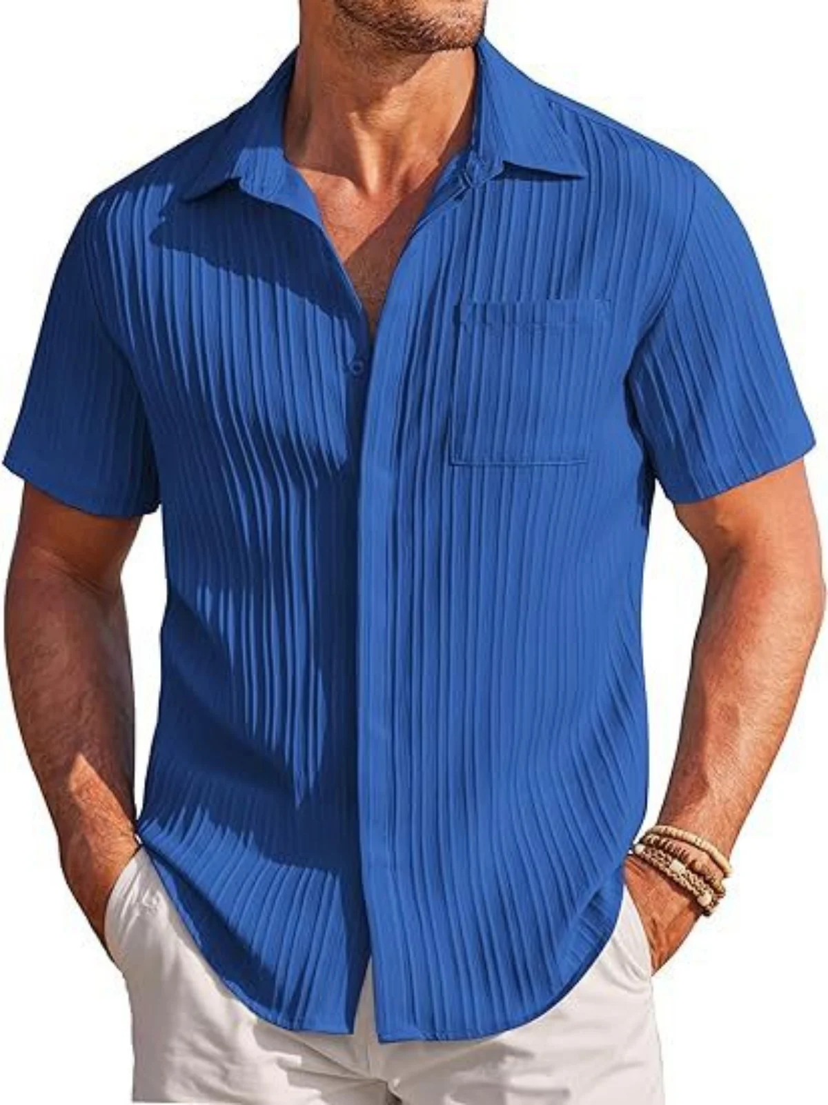 Fashion summer menswear Men\'s fashion striped casual beach shirt short sleeved shirt