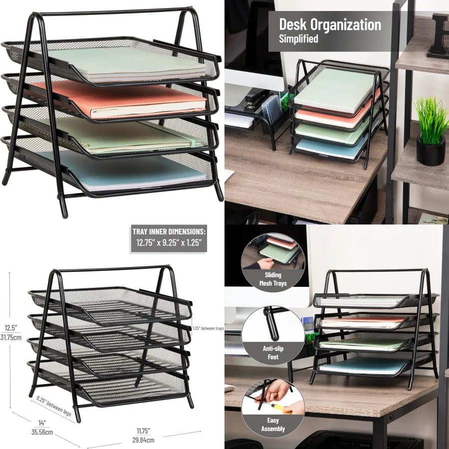 4-Tier Metal Mesh Desktop Organizer with Paper Tray for Office and Workspace File Storage 12L x 13.75W x 12.5H Black Efficient