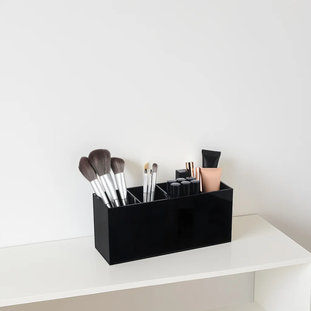 حامل مكتب منظم القلم الأكريليك 4 مقصورات قلم رصاص مدمج فرشاة للمكياج تخزين القرطاسية اللوازم المكتبية #4