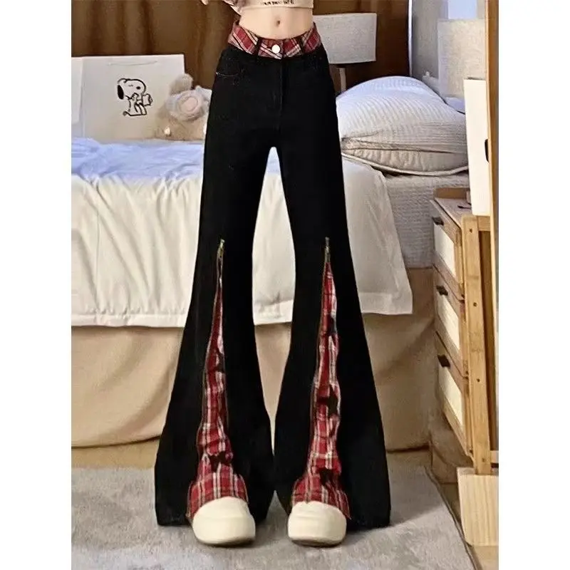 Retro Patchwork Red Checkered Zipper Jeans Women's Plus Size Spicy Girl Slim Fit Micro Flared Pants