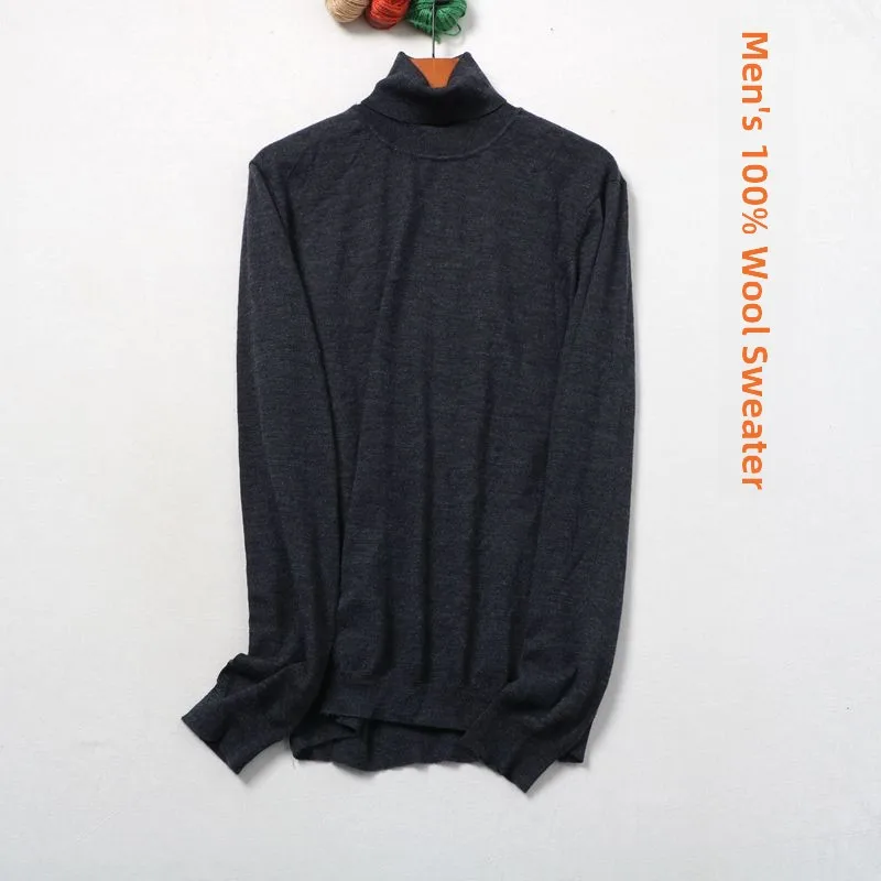

Мужской вязаный шерстяной свитер с высоким воротником, приталенный, теплый, для зимы, базовый слой, однотонный, для повседневной носки, 100% шерсть, трикотаж