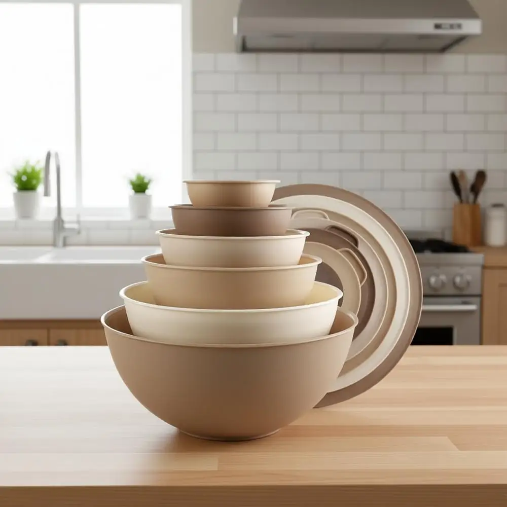 

12-Piece Plastic Nesting Mixing Bowls Set with TPR Lids, 6 Bowls and 6 Lids, Microwave Safe, Brown