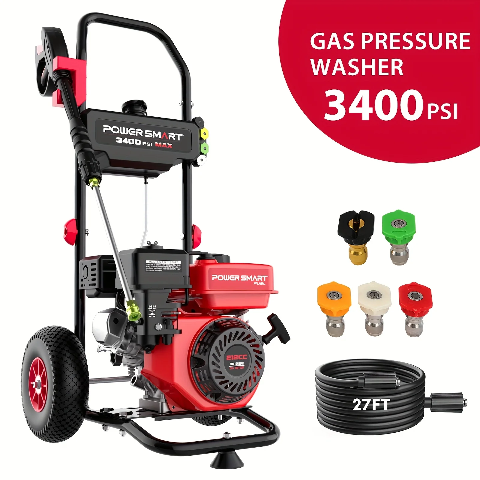 

PowerSmart Gas Pressure Washer Max 3400 PSI, Max 2.5 GPM, 212CC, with Onboard Soap Tank, Metal Spray Wand, 5 Nozzles for Houses,