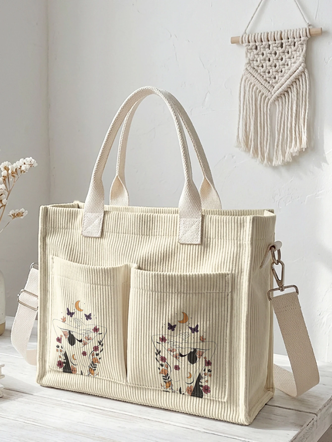 

Женская сумка-тоут из вельвета с принтом в стиле бохо: мистический узор с луной, бабочками и цветами, большая вместимость, много карманов, для повседневного использования, на плечо