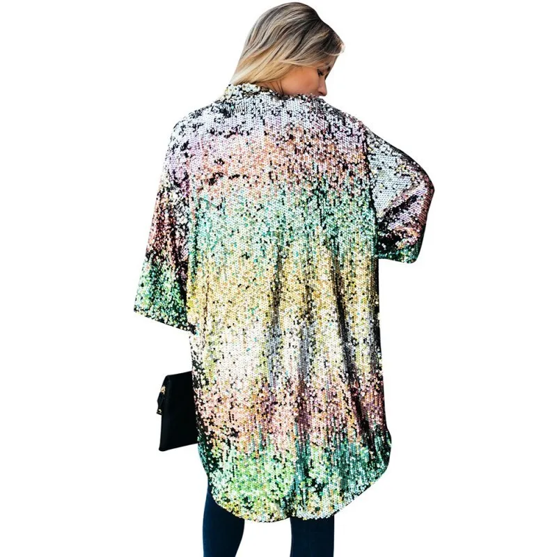 Women Shinning Sequined 3/4 Sleeve Open Front Trench Coat Long Jacket Glittery Cardigan Party  Clubwear Fashion Streetwear Tops