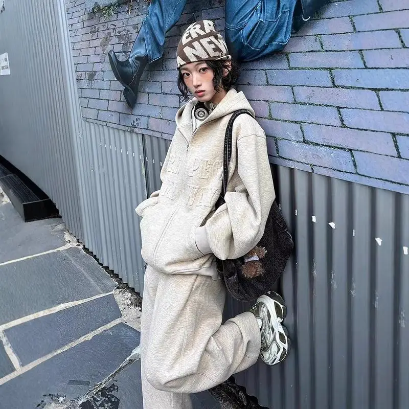 

Женский комплект спортивной одежды Street Sle, повседневный комплект из двух предметов из хлопка с капюшоном на молнии, модная утягивающая корейская версия