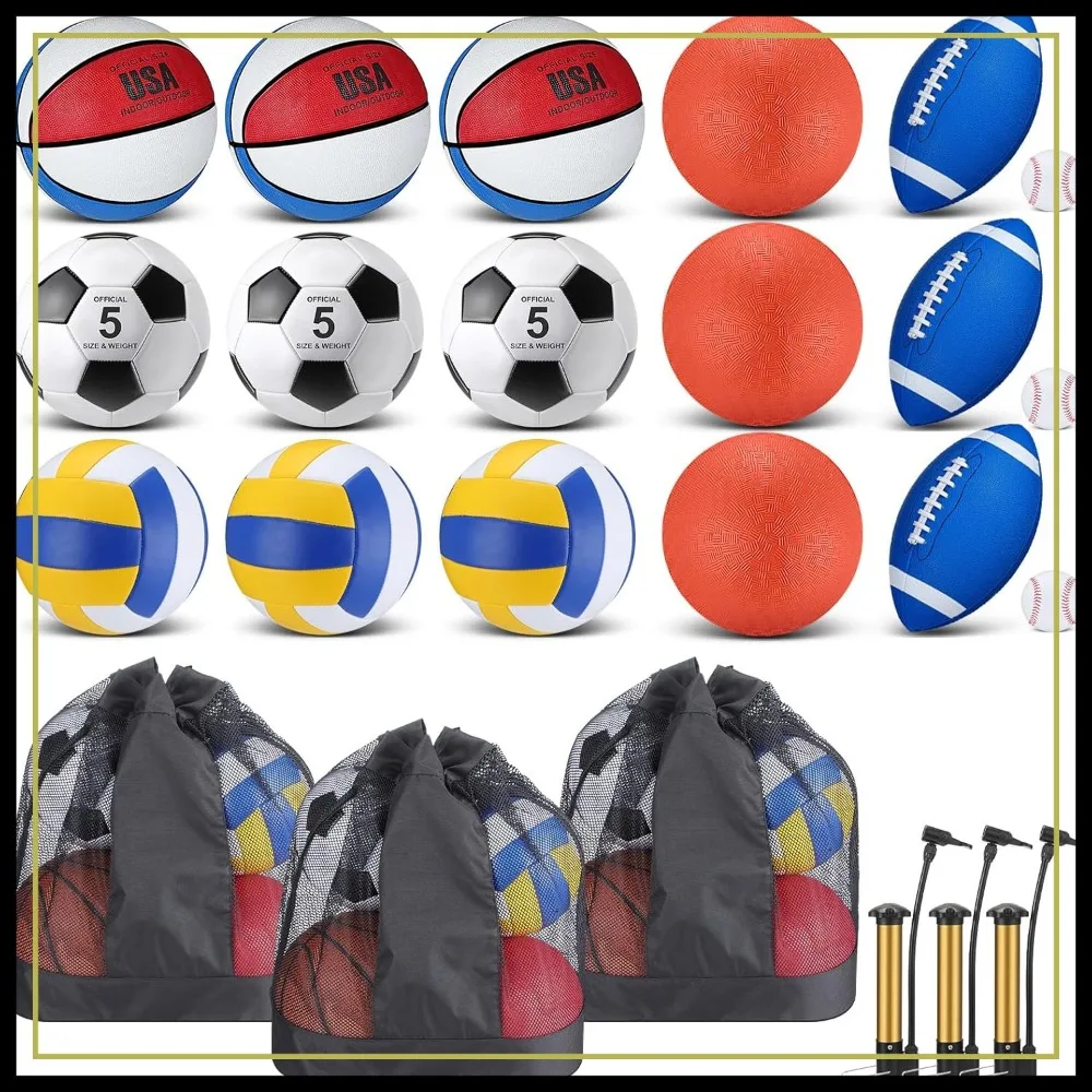 

18 Pcs Sports Ball Set with Pump & Bag, Basketball Football Soccer Volleyball Baseball Playground Balls for Indoor Outdoor
