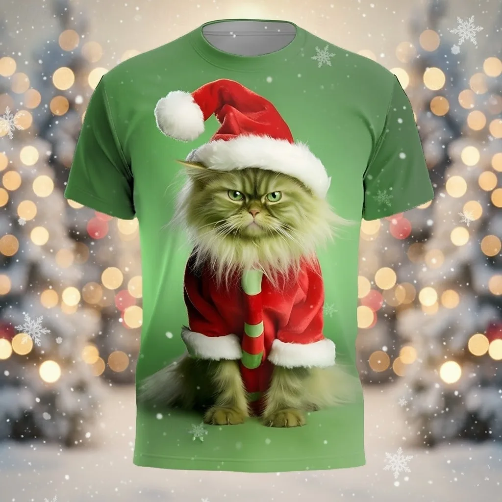 

Christmas Cat 3D Printed Short Sleeve Men's T-shirt Fashion Round Neck Shirt Holiday Vacation Party Street Casual Men's Clothing