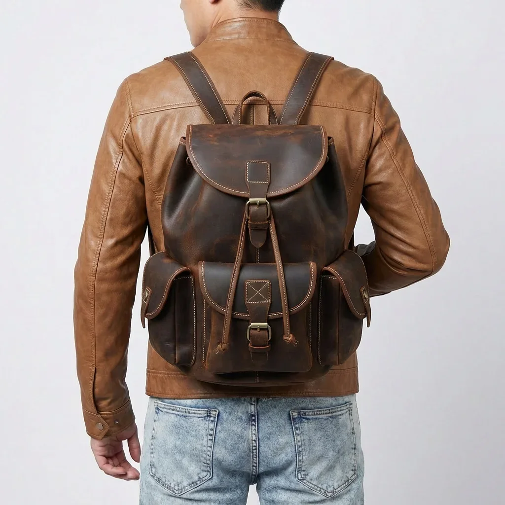 

Knapsack Vintage Distressed Backpack Genuine Leather Crazy Horse Top Layer Cowhide School Bag Men Women Travel Daily Work Bag