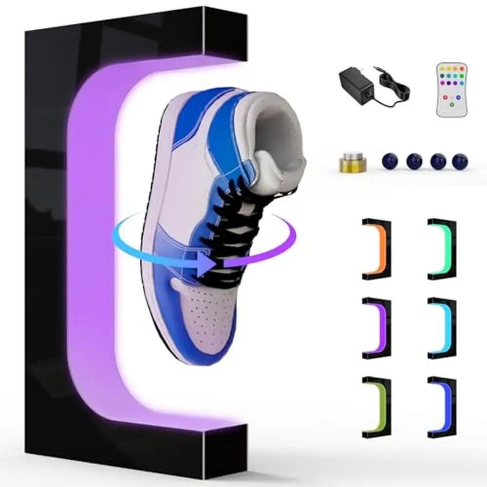 Magnetic Floating Shoe Display Levitation with Remote Control RGB Lights Rotation Sneaker Gift Acrylic Material Black Color