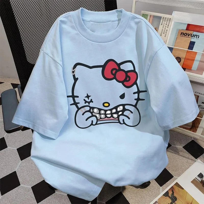 Cat Hello Kitty Short Sleeve Cotton T Shirt for Men and Women Couples Pure Cute Print Trend Tops Oversized T-shirt Unisex Tide