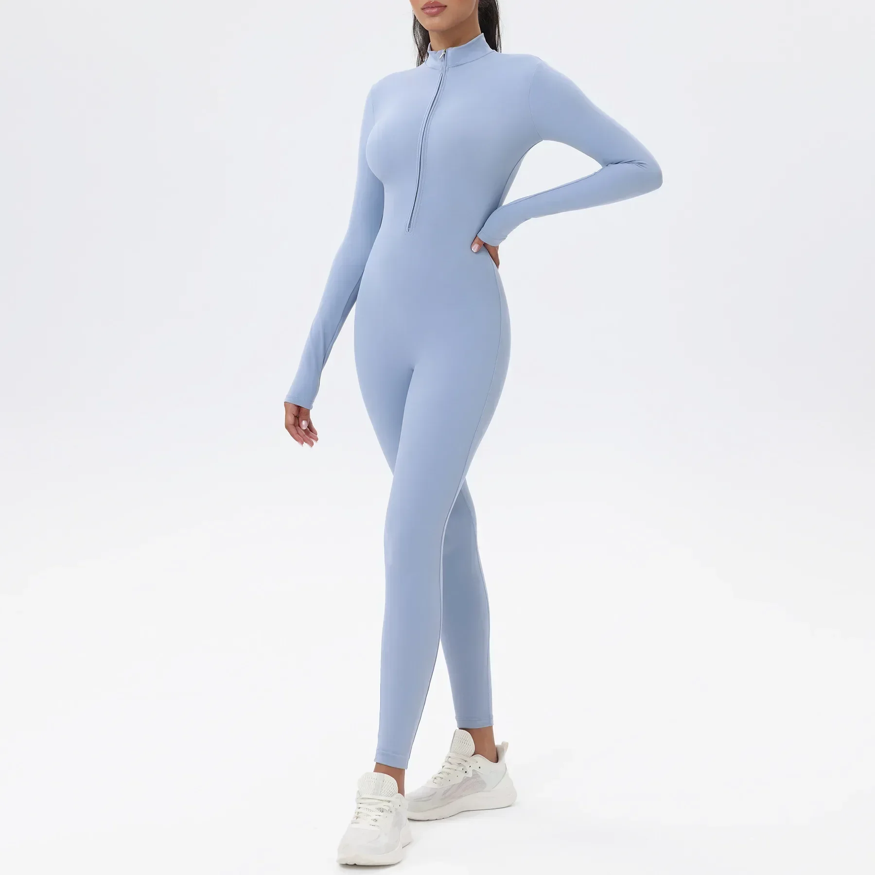 Seamless Yoga Jumpsuits Sports Fitness Hip-lifting Skinny Long-sleeved Zipper Winter Workout Gym Leggings Sportswear for Women